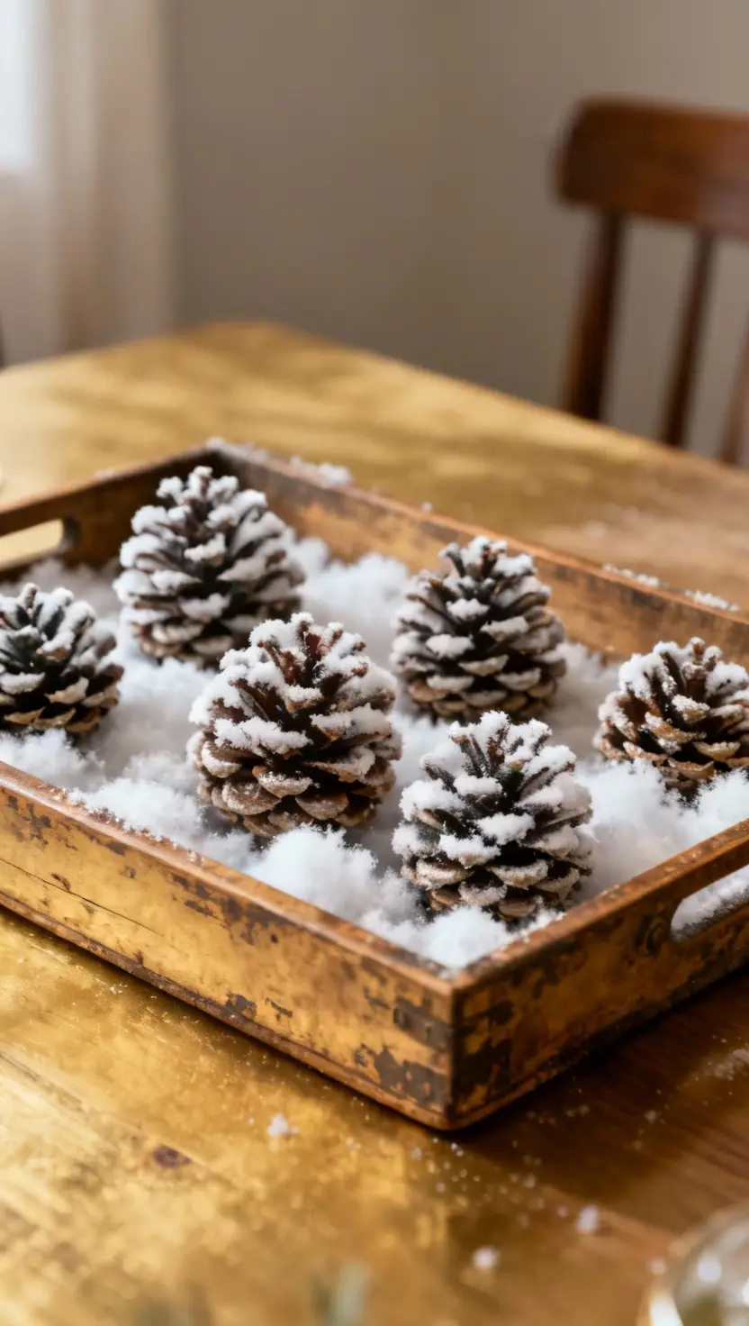 Frosted Pinecones in a Wooden Tray
