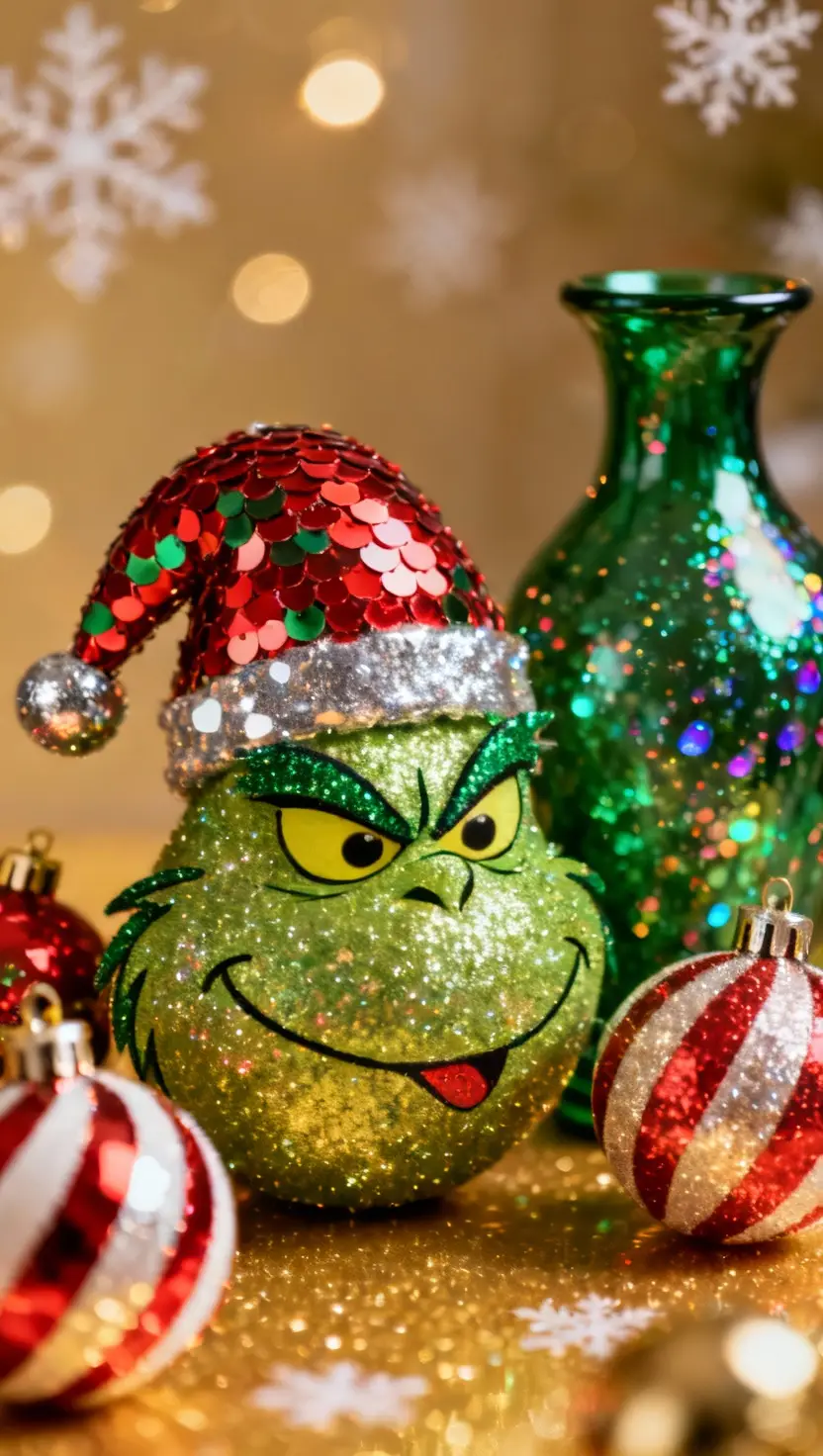 A photo highlighting glittery Grinch accent pieces, such as sequined ornaments or sparkling green vases.