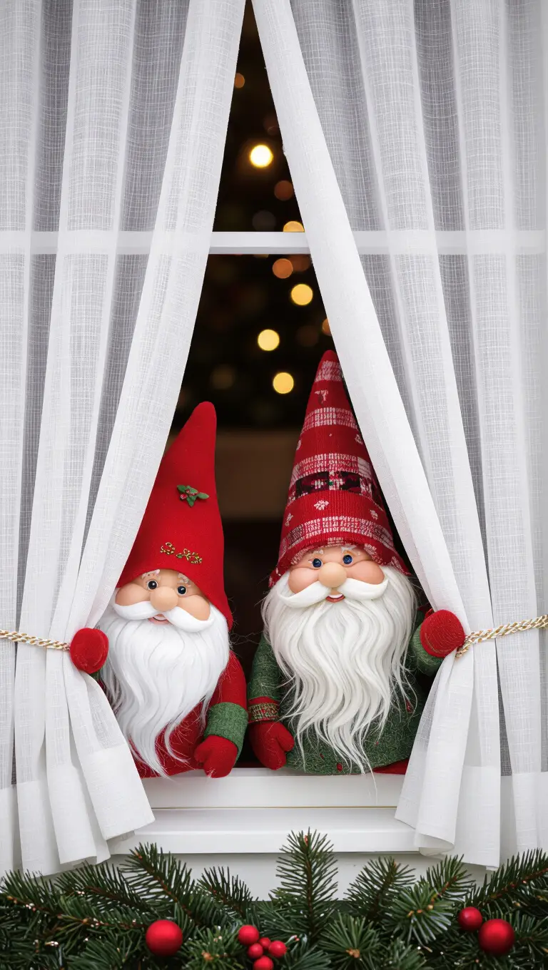 A photo of whimsical Christmas gnomes peeking out from behind sheer white window curtains.