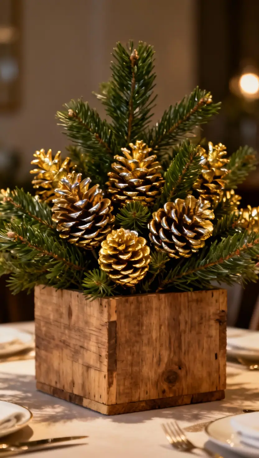 Gold Pinecones and Greenery in a Wooden Box