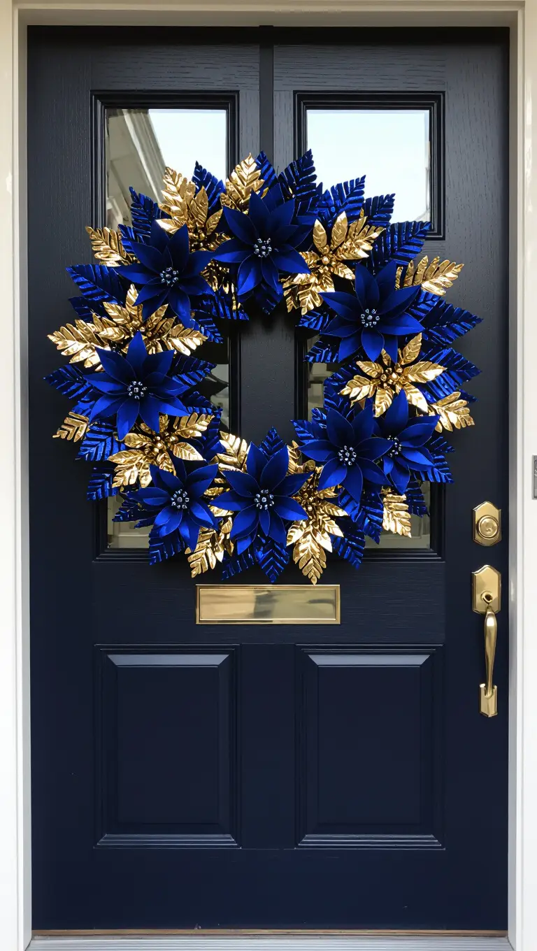 A front door with a dramatic, oversized wreath made from shining elements in deep blue and metallic gold, creating a luxurious contrast.