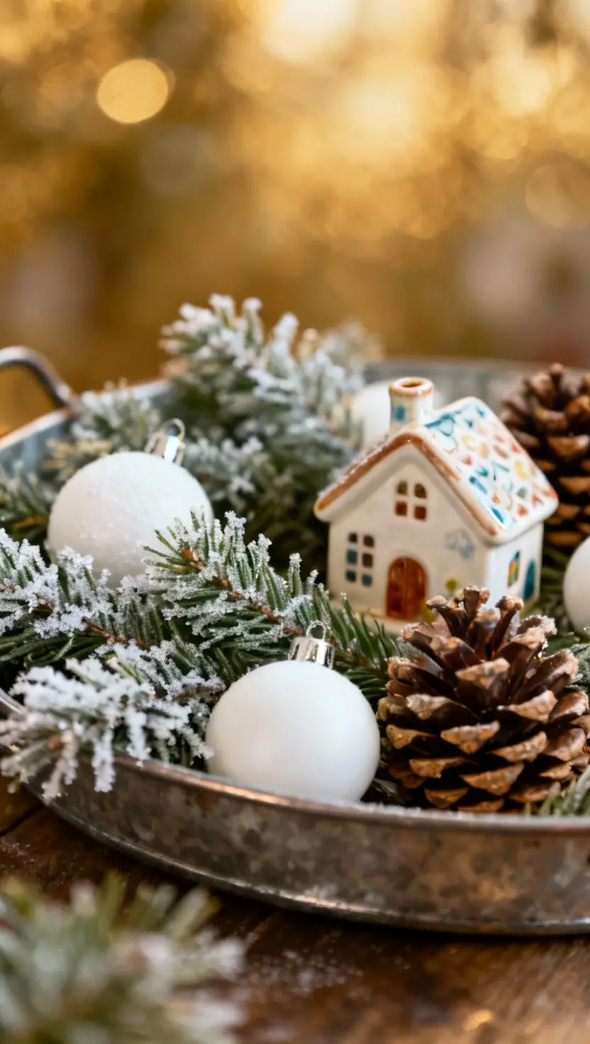 Metal Tray With Frosted Greenery, White Ornaments, Pinecones, and a Small Ceramic House