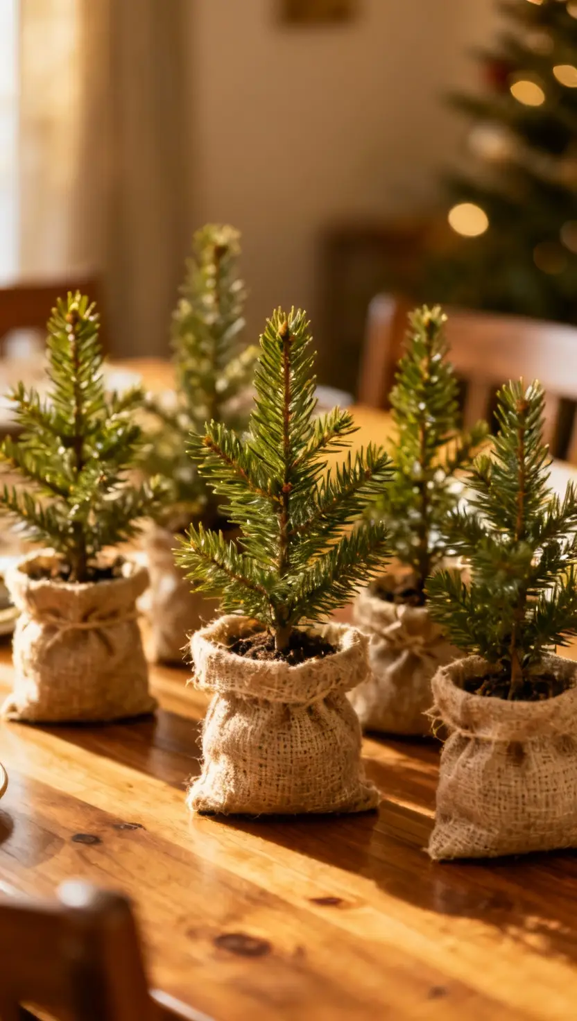 Mini Christmas Trees in Burlap Sacks