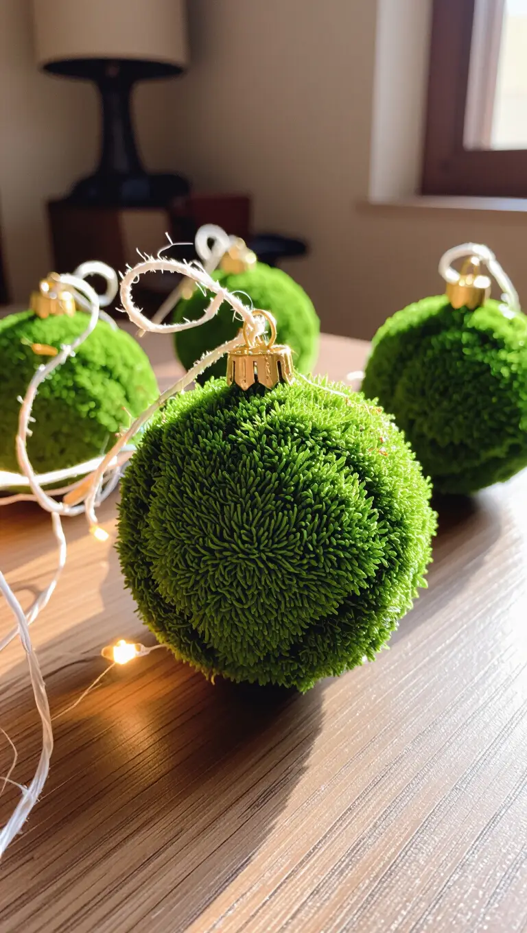 A photo of spherical ornaments entirely covered in deep green, richly textured preserved moss catching soft, warm light.