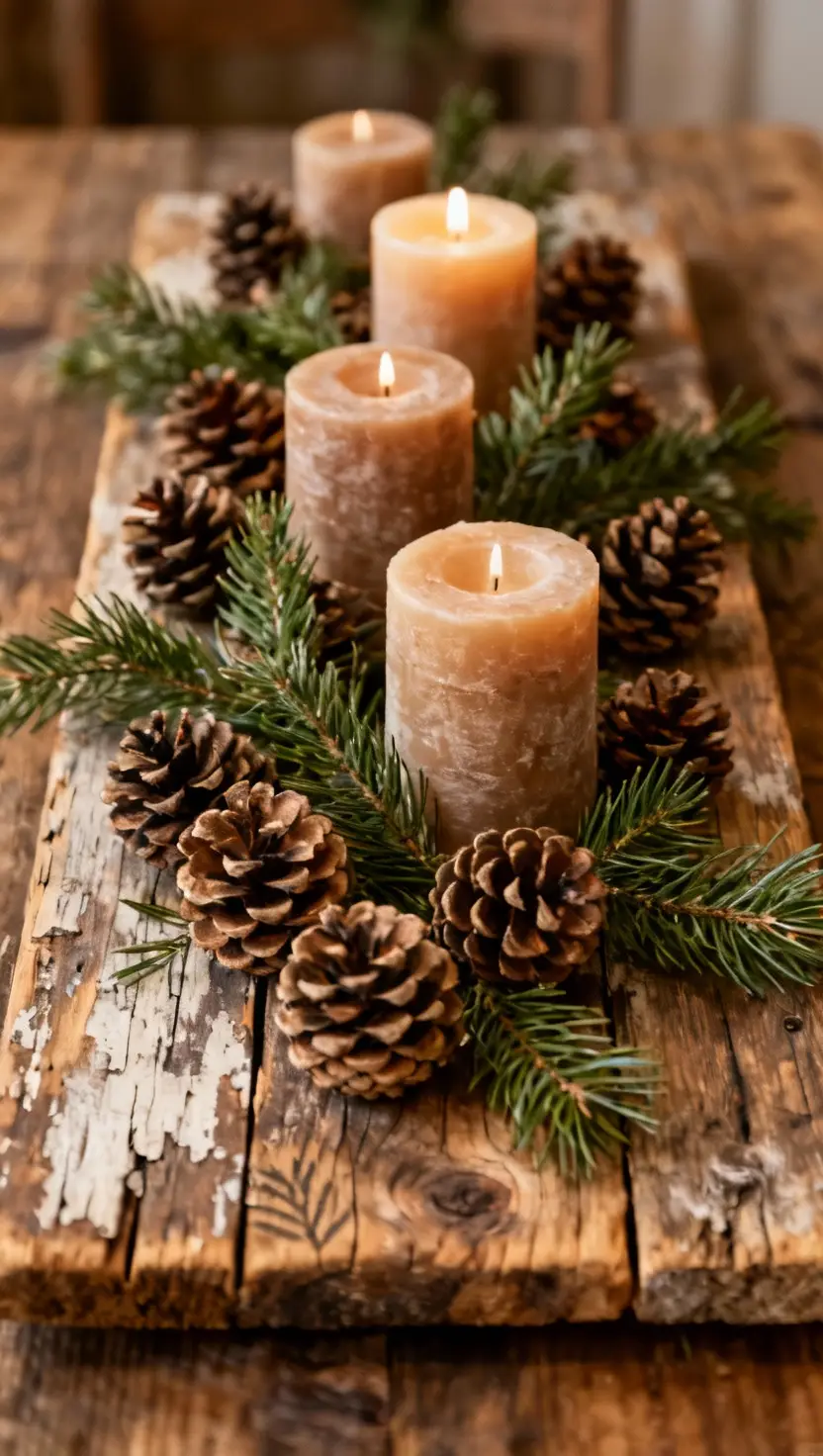Pinecones and Candles in a Rustic Setting