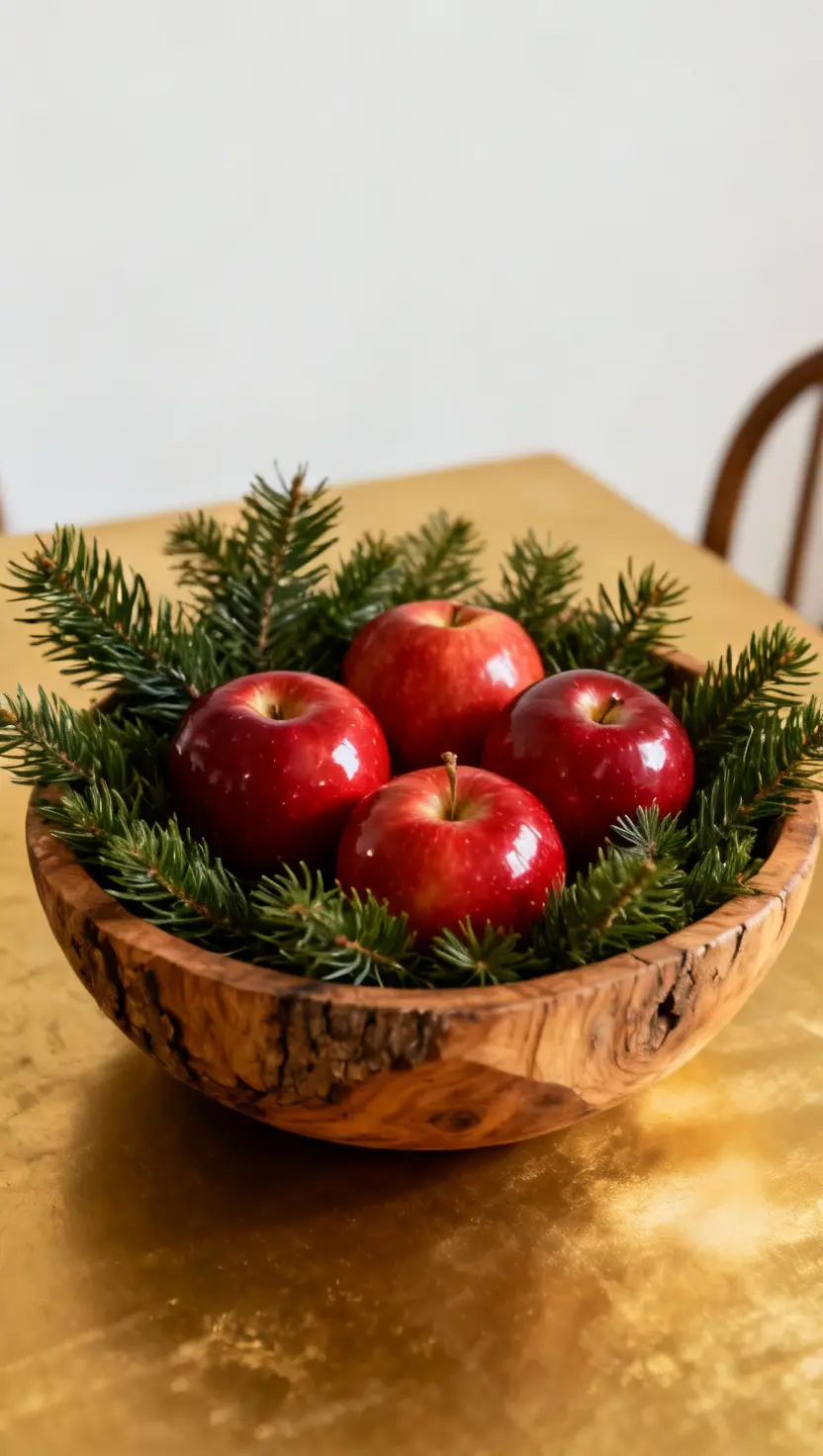 Red Apples With Pine Needles in a Wood Bowl