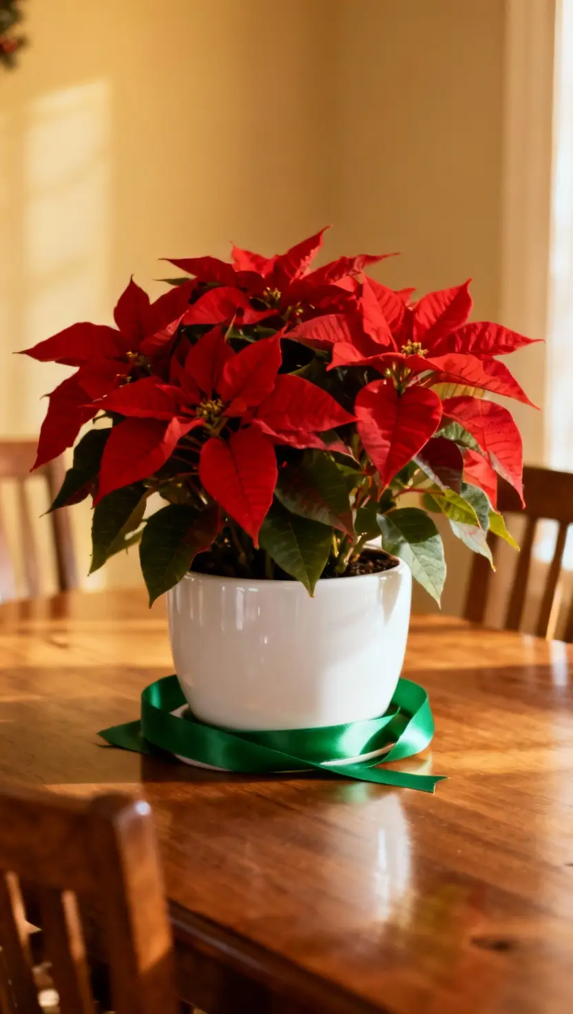 Red Poinsettias in a White Ceramic Pot