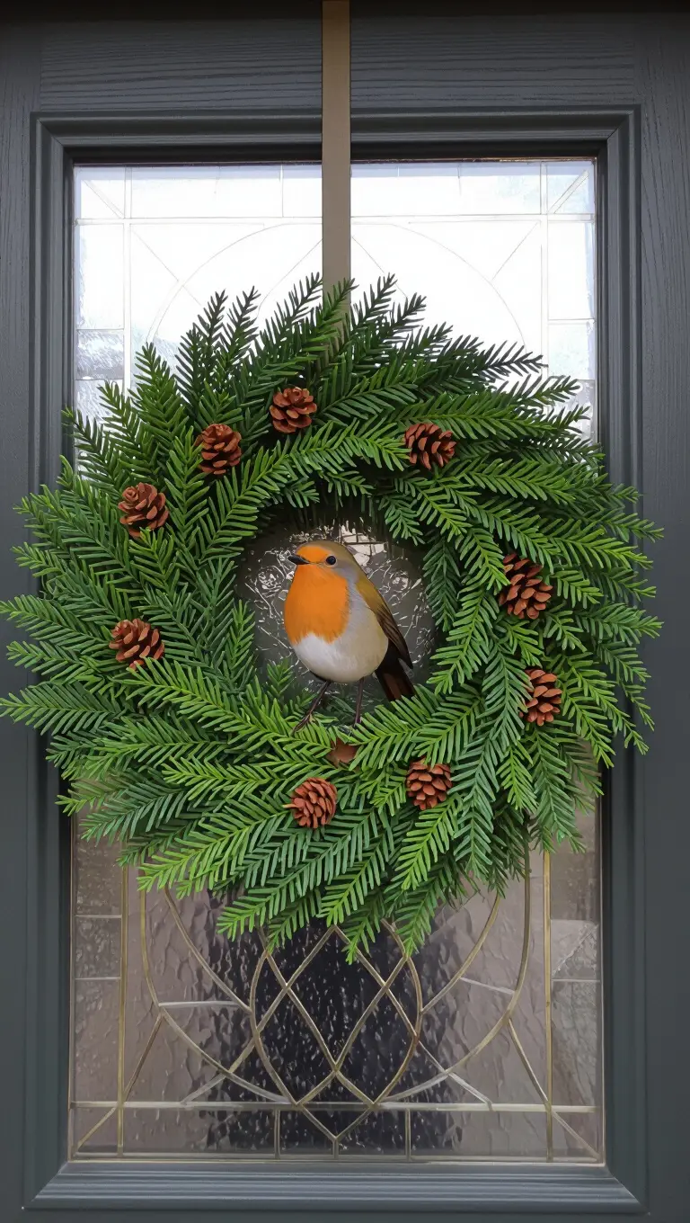A front door with a cheerful wreath featuring a prominent, realistic artificial or representation of a small European Robin perched among the greenery.