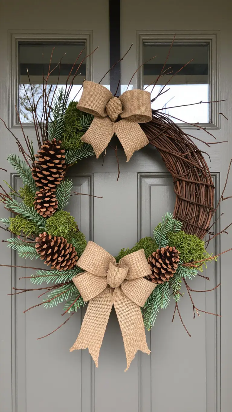 A front door with a rustic wreath made from twigs, dried moss, pinecones, and burlap ribbon, exuding a cozy, natural farmhouse feel.