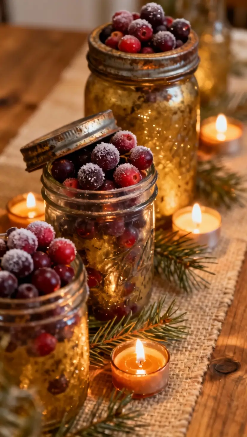 Rustic Mason Jars With Faux Cranberries and Tea Lights