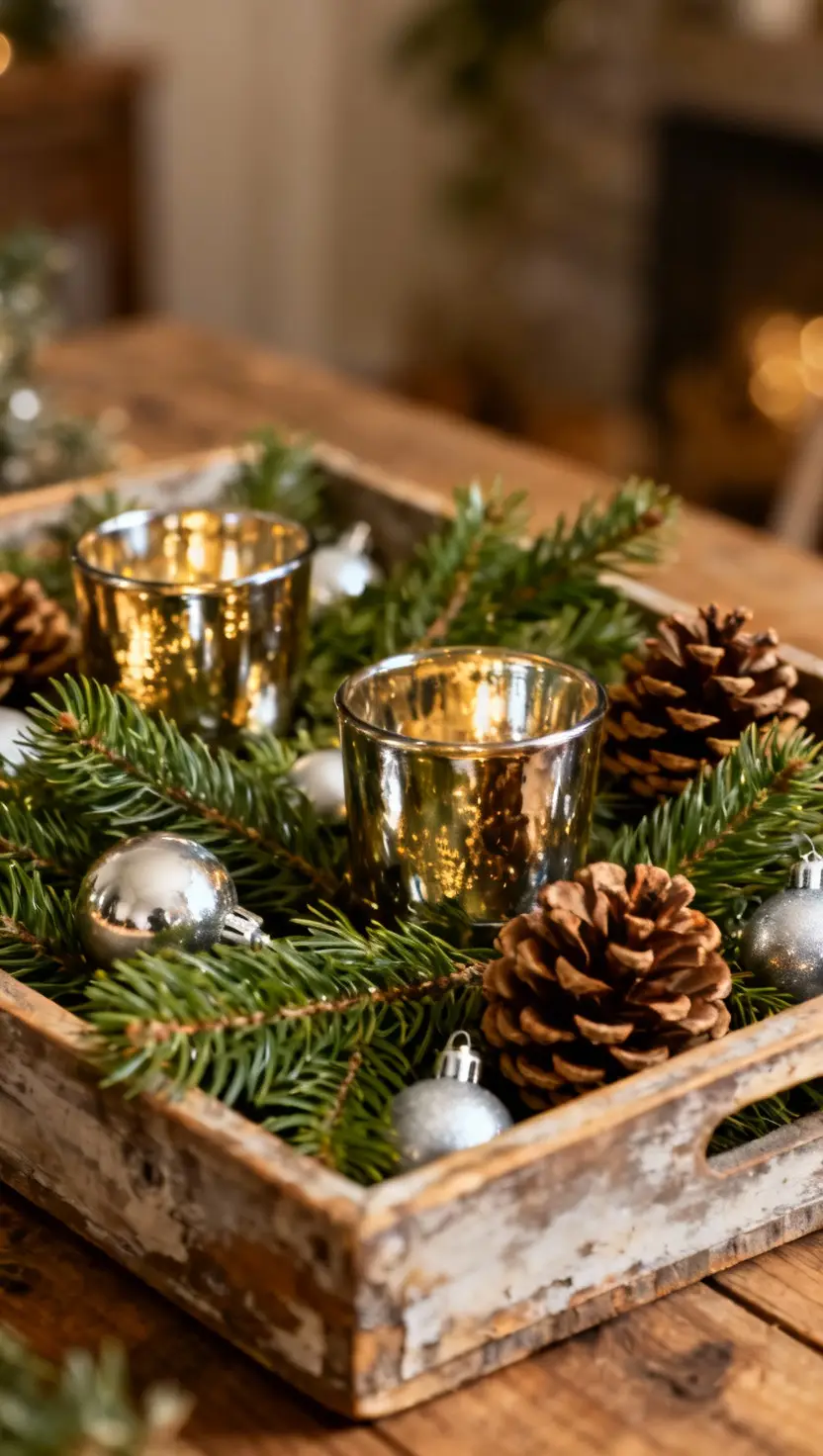 A photo of a rustic tray filled with evergreens, pinecones, silver ornaments and mercury glass candle holders.