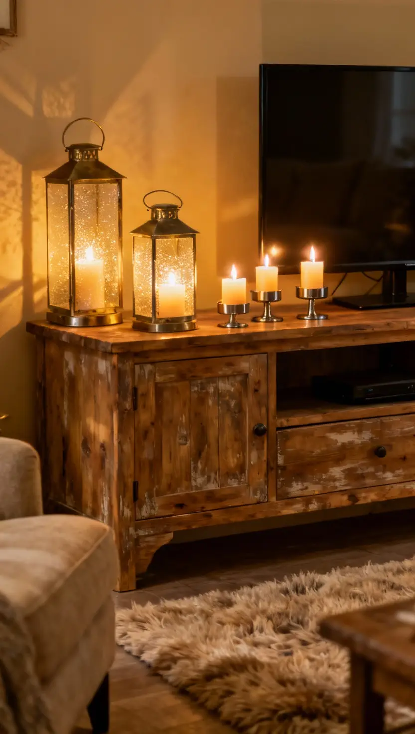 Rustic Tv Stand With Lanterns and Battery-Operated Candles