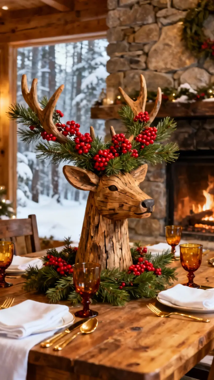 Rustic Wooden Reindeer Bust With Pine and Berries
