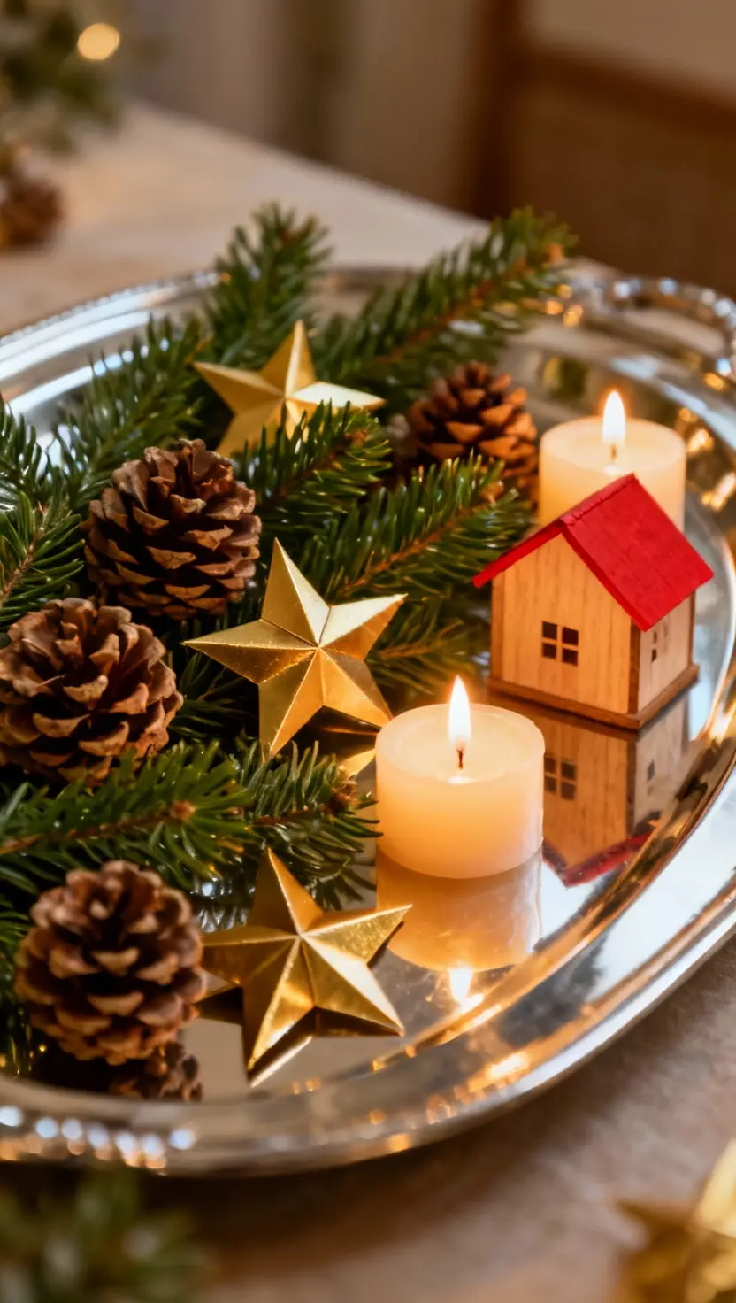 Silver Tray With Evergreens, Pinecones, Paper Stars, Candles and a Little House