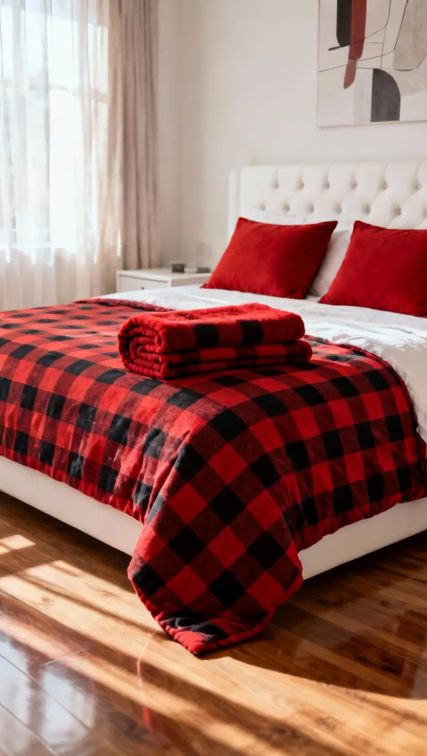 A bedroom bed meticulously styled with a plush red-and-black buffalo plaid duvet cover, neatly folded at the foot of the bed with solid red accents.