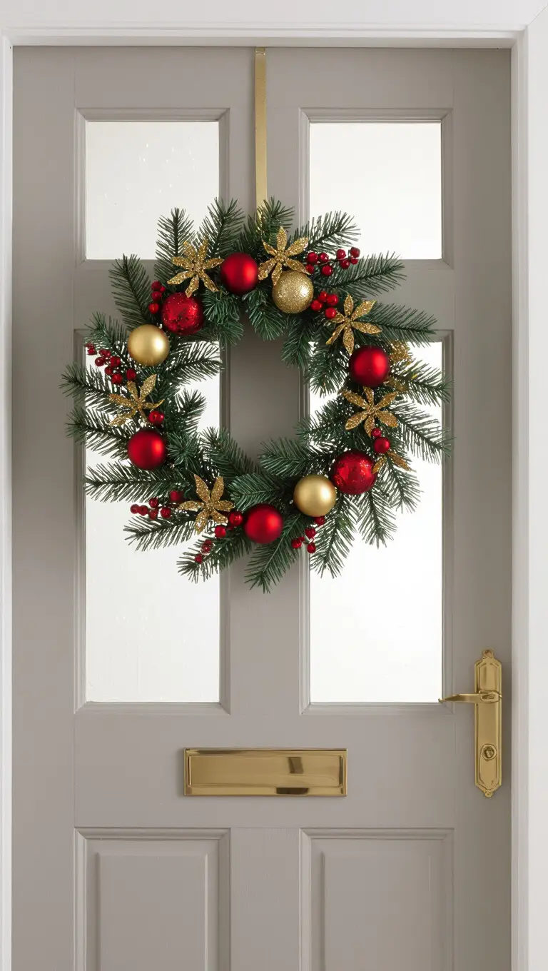A front door with a classic, symmetrical wreath made from good quality artificial pine, featuring traditional red and gold ball ornaments.