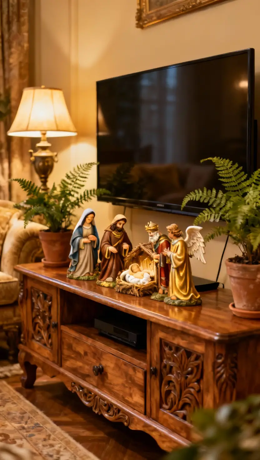 Traditional Tv Stand With Nativity Scene Display