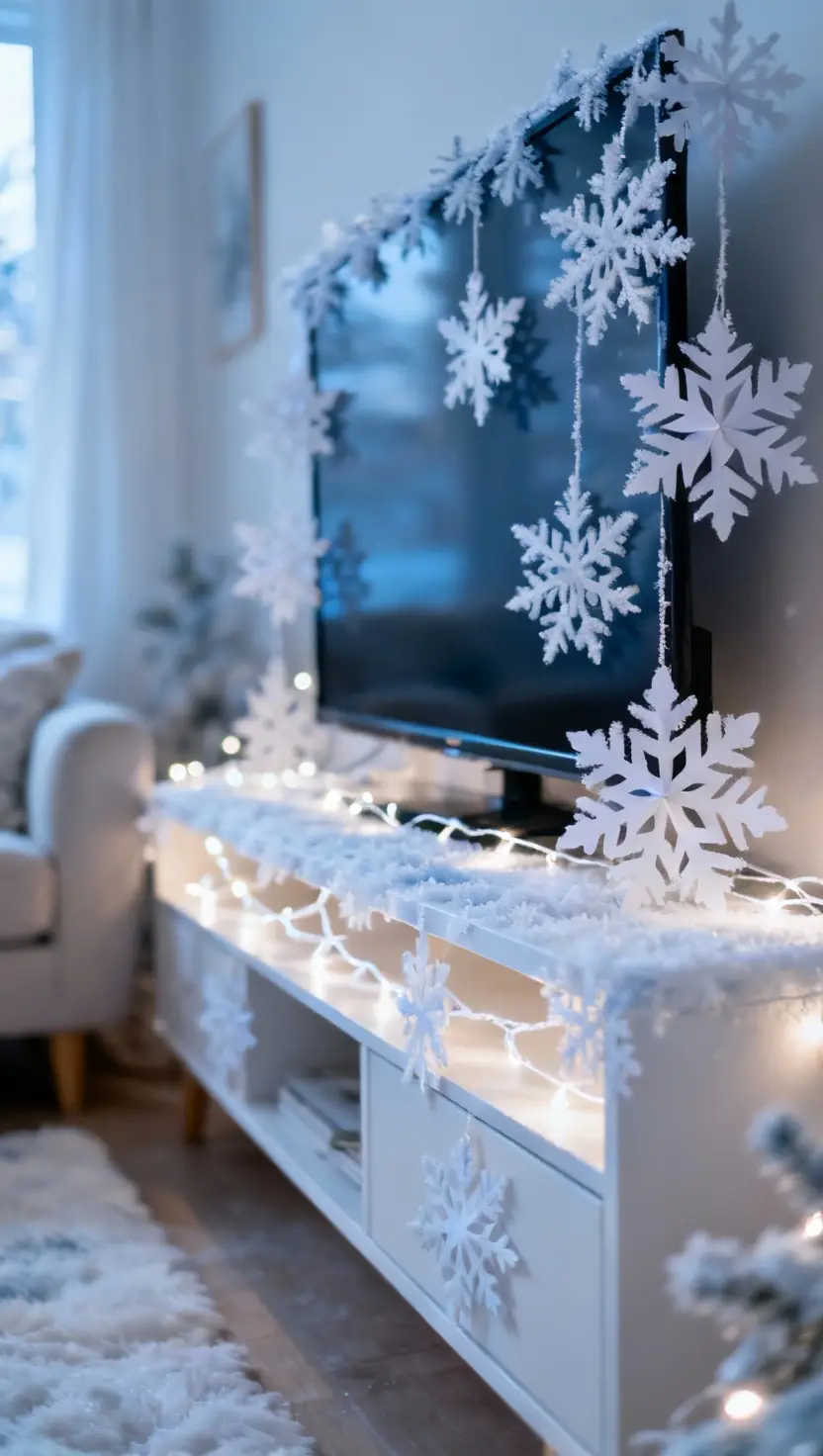 Tv Stand Decorated With Paper Snowflakes and White Garland