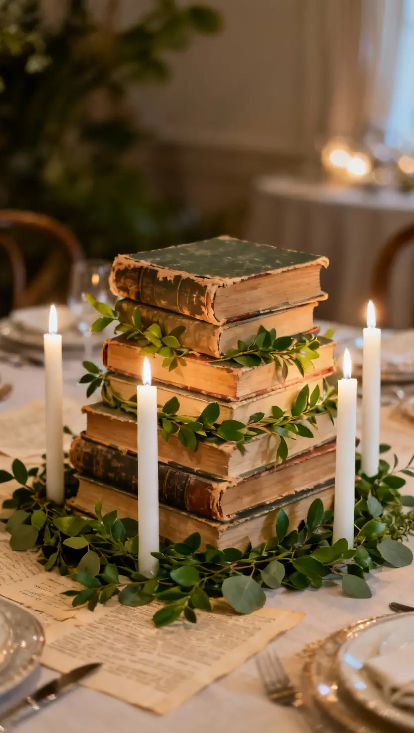 Vintage Books With Greenery and Candles
