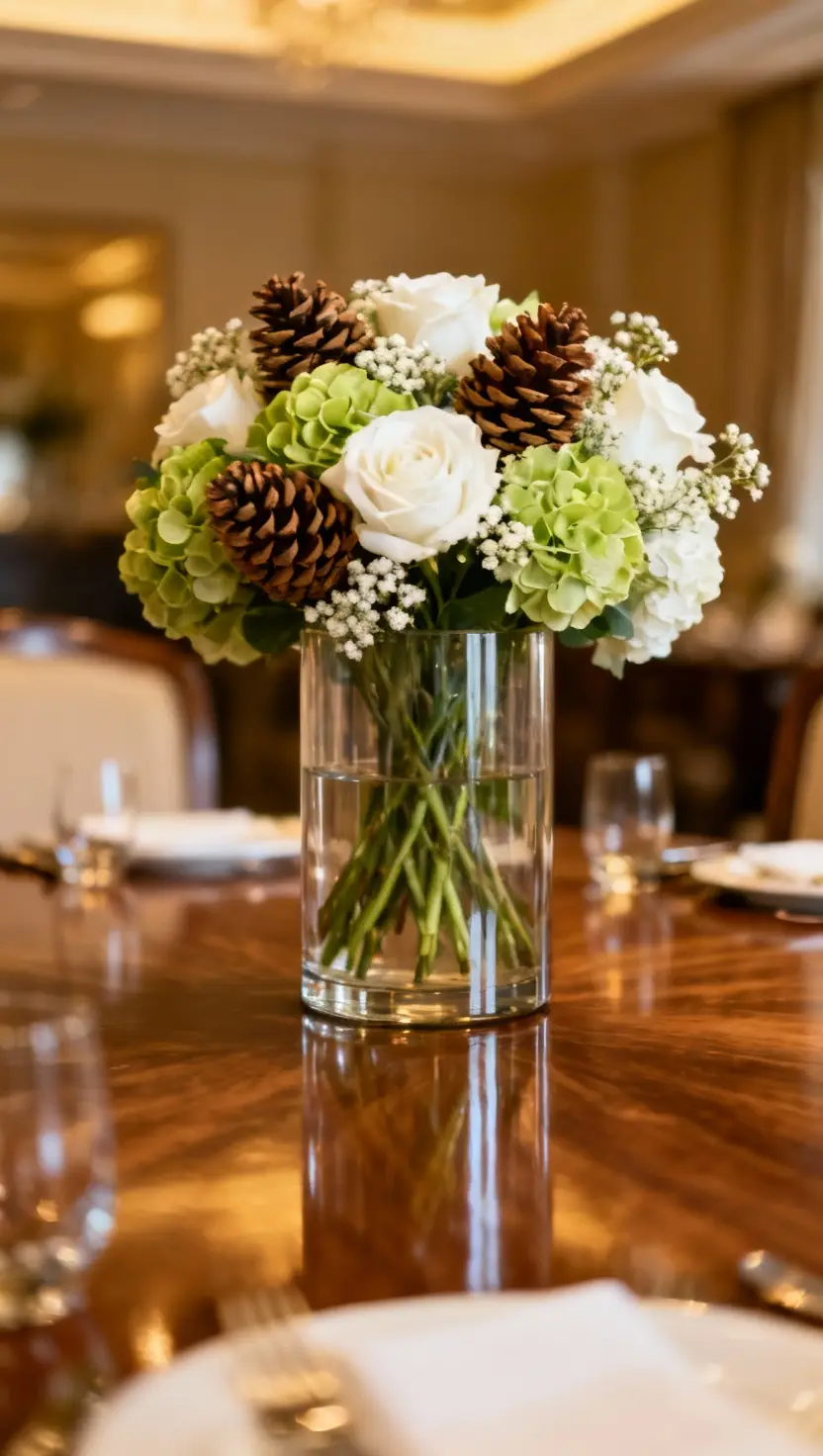White and Green Floral Arrangement With Pinecones
