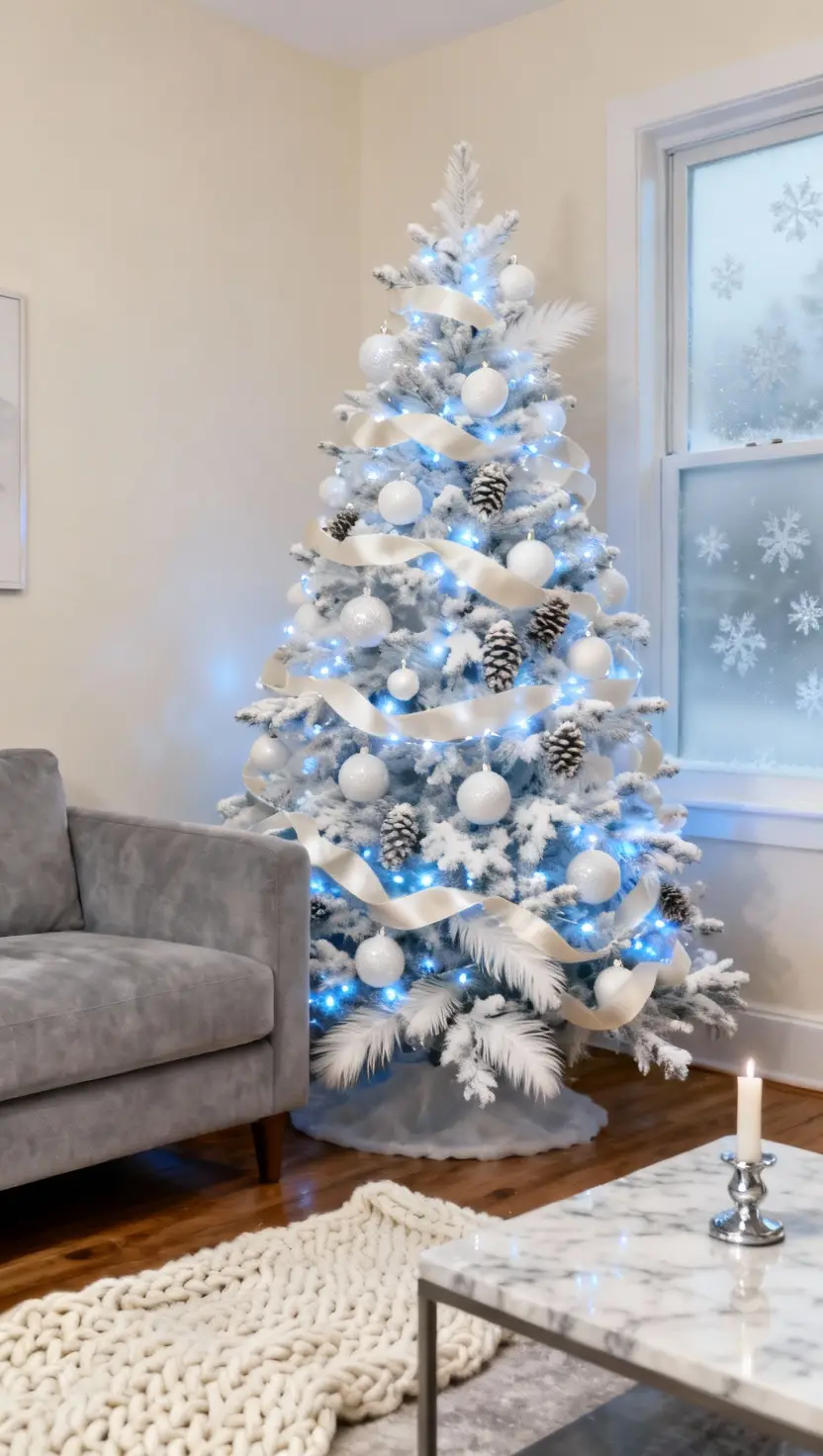 A cozy living room showcasing a pristine, monochromatic Christmas tree completely adorned with sparkling white baubles, ivory ribbons, faux snow, feathered accents, and cool, icy blue lights.