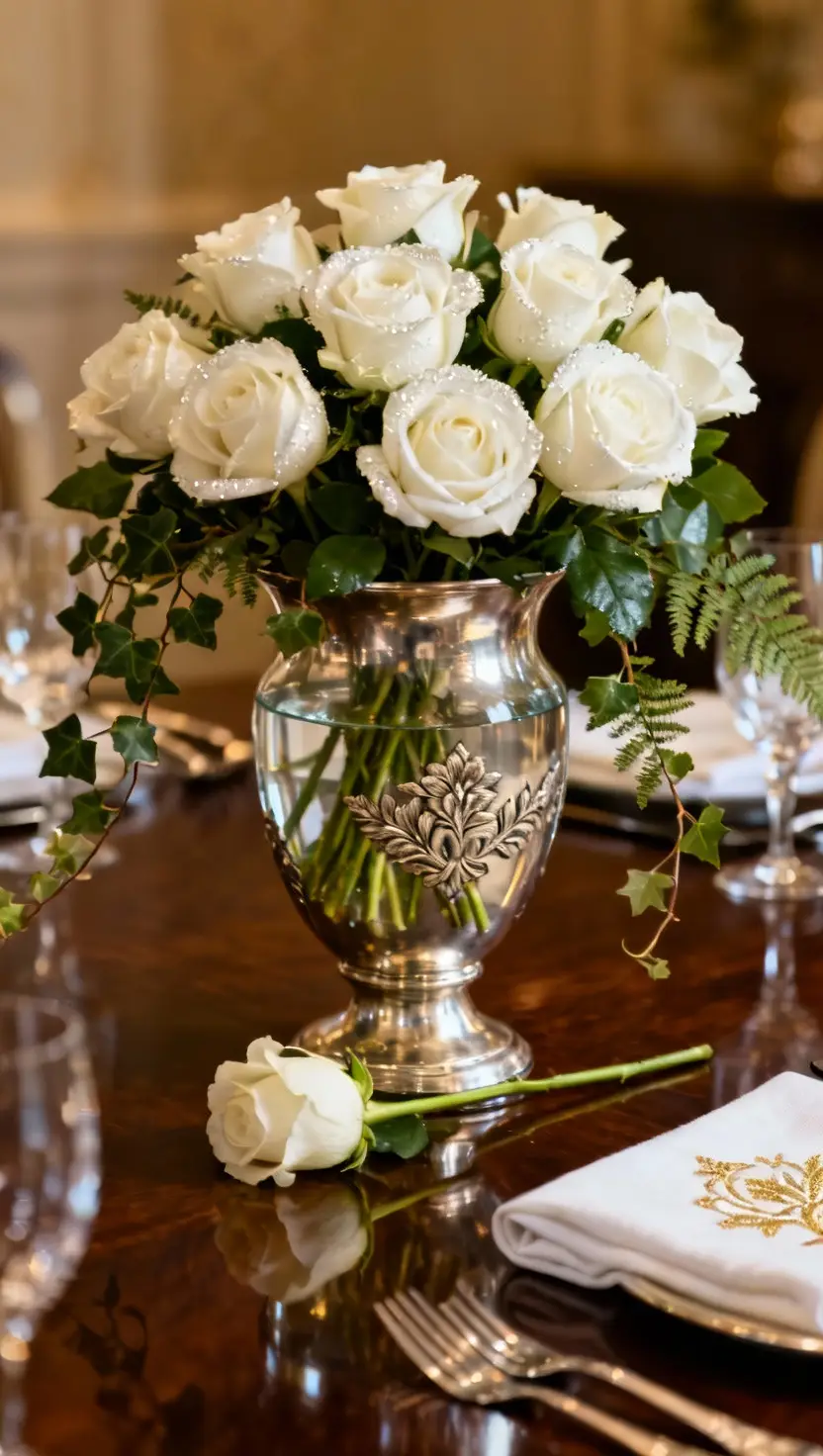 White Roses and Greenery in a Silver Urn
