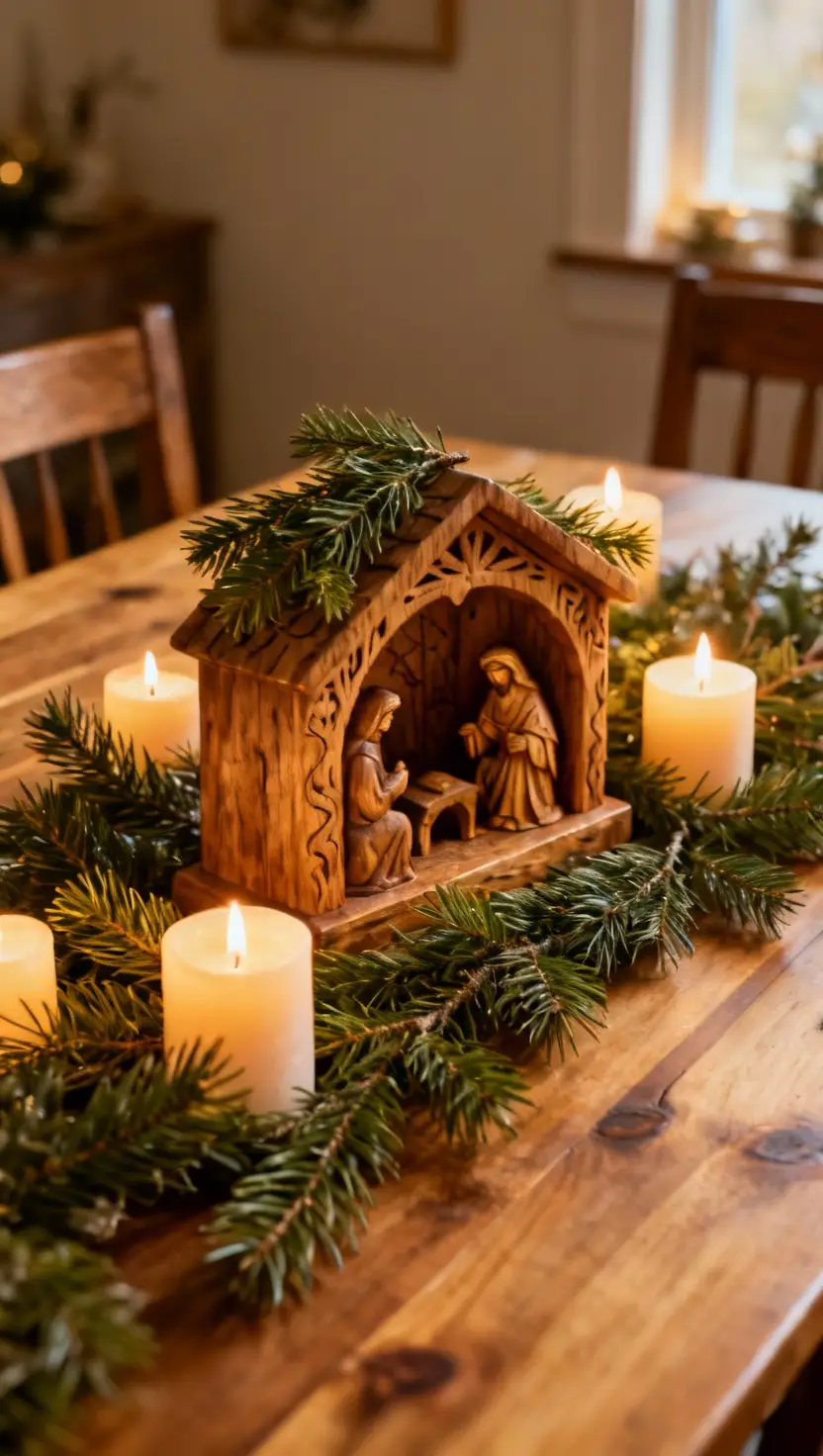 Wooden Nativity Scene With Pine and Candles