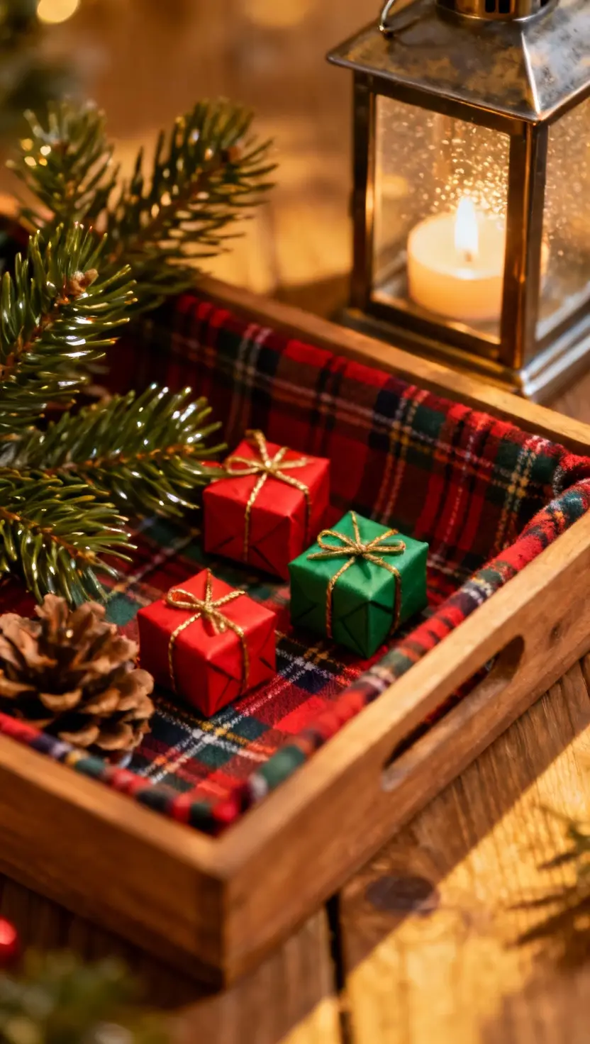 Wooden Tray With Plaid Fabric Lining, Miniature Wrapped Gifts, Pine Sprigs, and a Candle Lantern