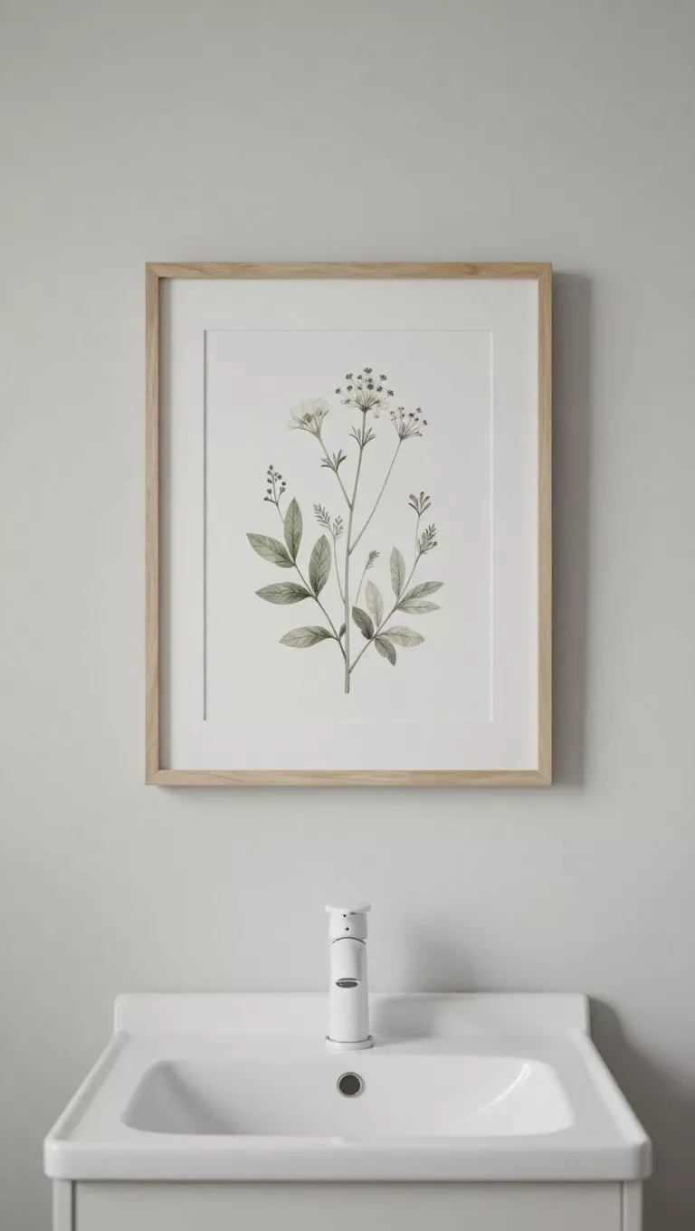 A photo of a minimalist bathroom wall showcasing a framed print of delicate botanical illustrations, perhaps wildflowers or leafy branches, above a simple white vanity with a single, elegant faucet, the artwork adding a touch of natural beauty and sophistication to the space.