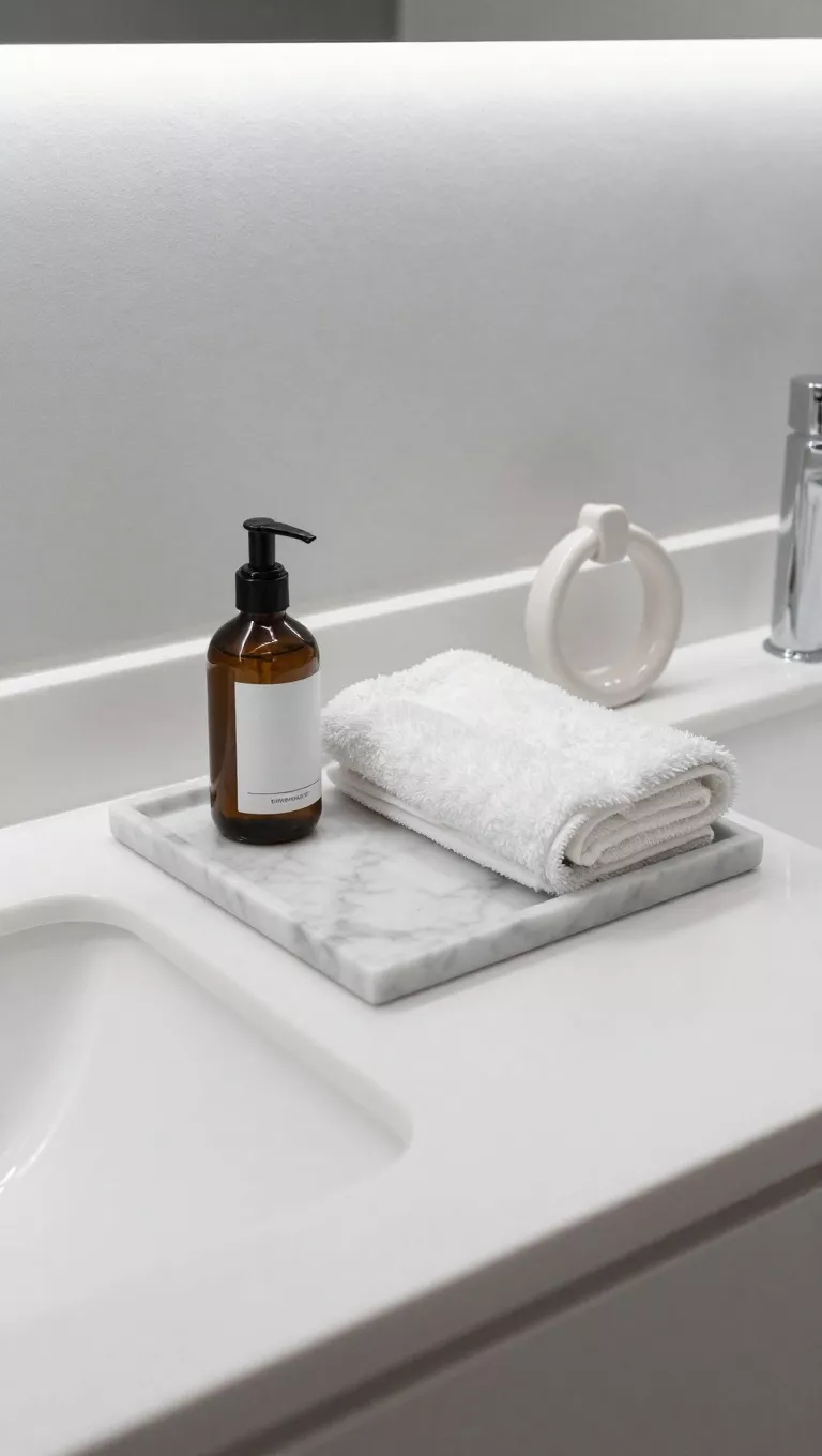 A photo of a minimalist white bathroom counter featuring a sleek, rectangular marble tray elegantly holding a small bottle of hand lotion, a neatly folded guest towel, and a decorative ceramic ring holder, creating an organized and sophisticated display.