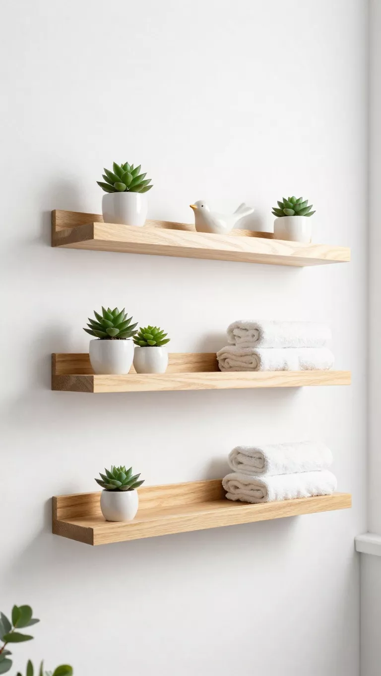 A photo of three sleek, light-colored wooden floating shelves mounted on a pristine white bathroom wall, artfully adorned with small potted succulents, rolled hand towels, and a delicate ceramic bird figurine, creating an organized and aesthetically pleasing display.