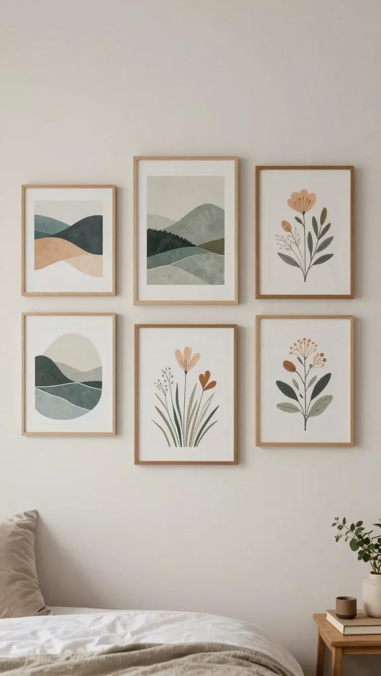 A photo of a bedroom wall adorned with a curated collection of new art prints, predominantly featuring nature motifs like abstract landscapes, floral illustrations, and serene botanical drawings, adding artistic flair and a calming, organic theme.