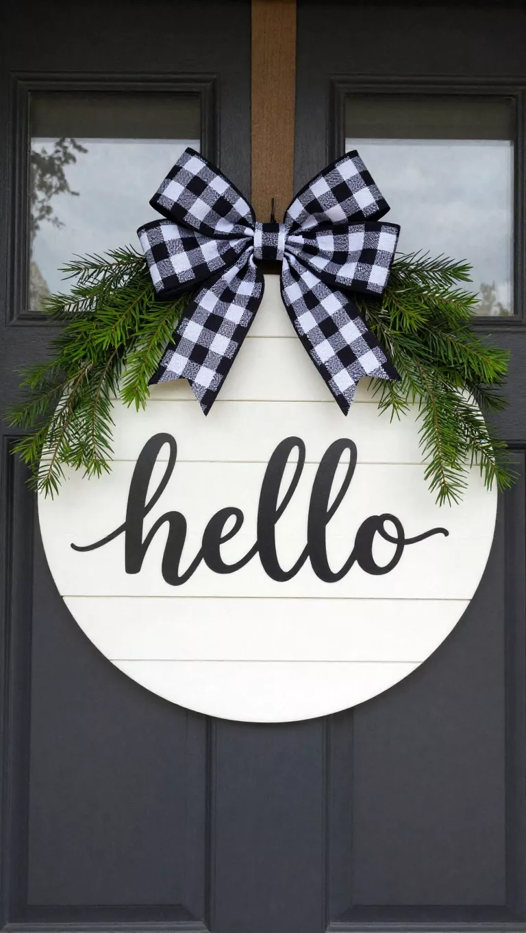 A photo of a front door with a circular white shiplap-style door hanger with 'hello' in black script, adorned with greenery and a black-and-white buffalo check bow at the top.