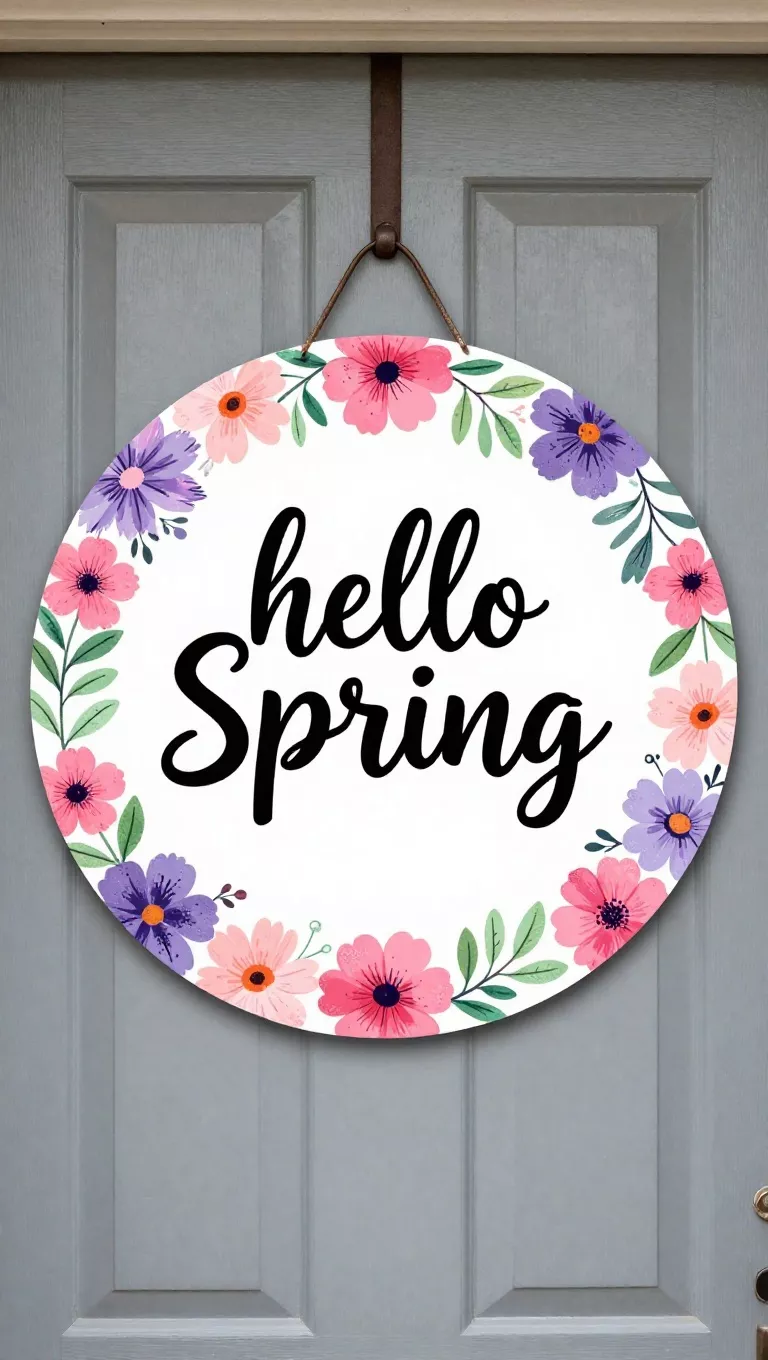 A photo of a front door with a circular door hanger featuring a vibrant floral border with pink, purple, and green flowers around the edge, with 'hello Spring' in bold black cursive in the center.