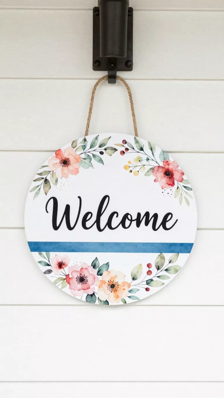 A photo of a front door with a circular door hanger with a white shiplap background, featuring a blue stripe across the middle with 'Welcome' in elegant black script, framed by beautiful watercolor floral bouquets.
