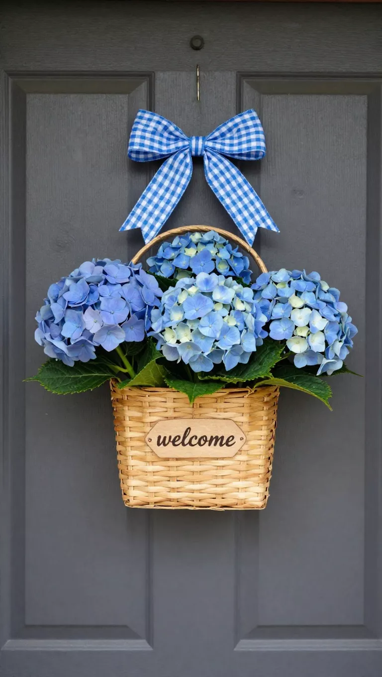 A photo of a front door with a wooden door hanger featuring a woven basket filled with blue hydrangeas and green leaves, with a small 'welcome' tag nestled among the flowers, and a blue and white checkered bow.