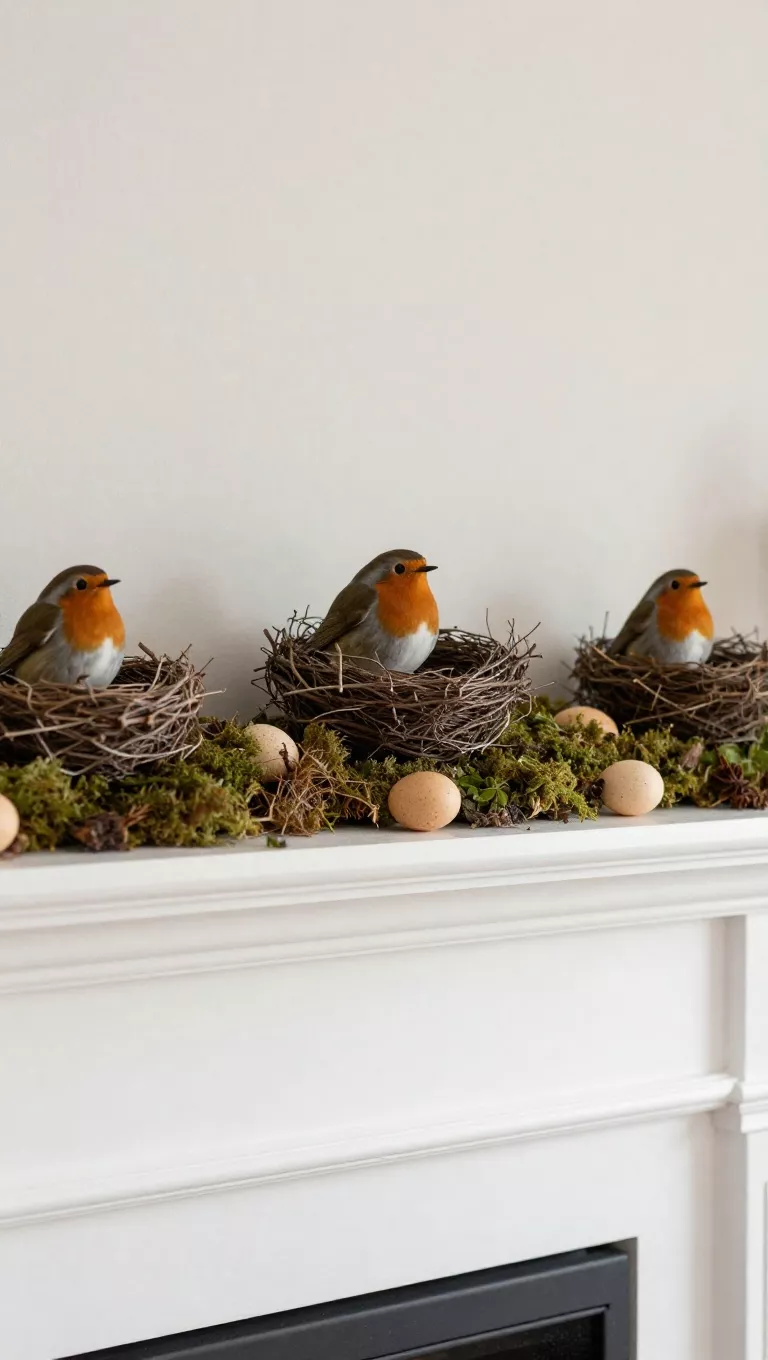 A photo of a spring fireplace mantle adorned with small, decorative bird nests, crafted from natural twigs and moss, perhaps with a few faux robin