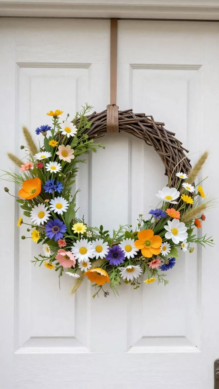 A photo of a charming and naturalistic spring wreath, resembling a miniature wildflower meadow, filled with small, colorful artificial daisies, poppies, cornflowers, and feathery grasses, woven onto a simple branch ring, hanging on a distressed white door.