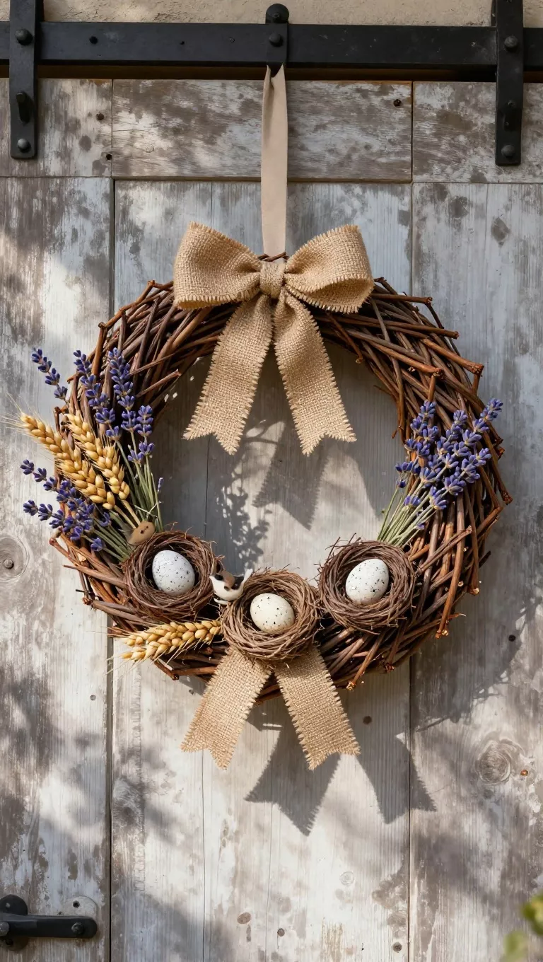 A photo of a charming farmhouse-style spring wreath, crafted from woven grapevine branches, decorated with burlap ribbon, small faux birds