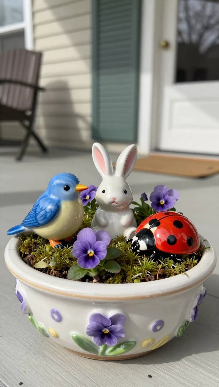 A photo of three small, exquisitely painted ceramic animals—a bluebird, a bunny, and a ladybug—nestled among small purple violas and green moss in a decorative planter on a sunny front porch, adding tiny, charming details.