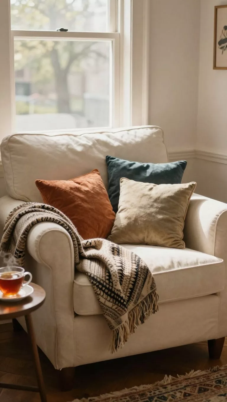 A photo of a snug reading nook by a sunlit window, featuring a plush, oversized armchair upholstered in a soft cream fabric, piled with a patterned throw blanket and several colorful cushions, accompanied by a small side table holding a hot cup of tea.