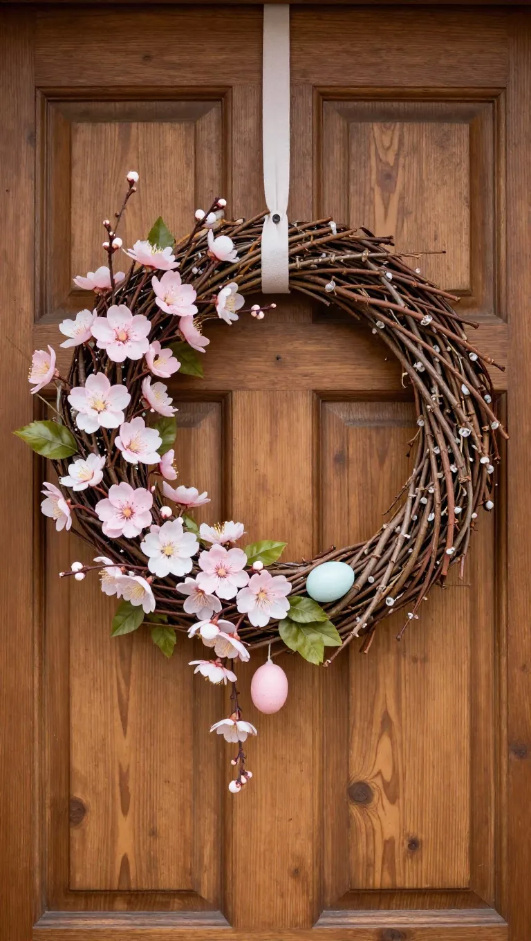 A photo of a beautifully handcrafted spring wreath made from intertwined willow branches, adorned with faux cherry blossoms, delicate green leaves, and a few small pastel-colored eggs, hanging elegantly on a rustic wooden front door.