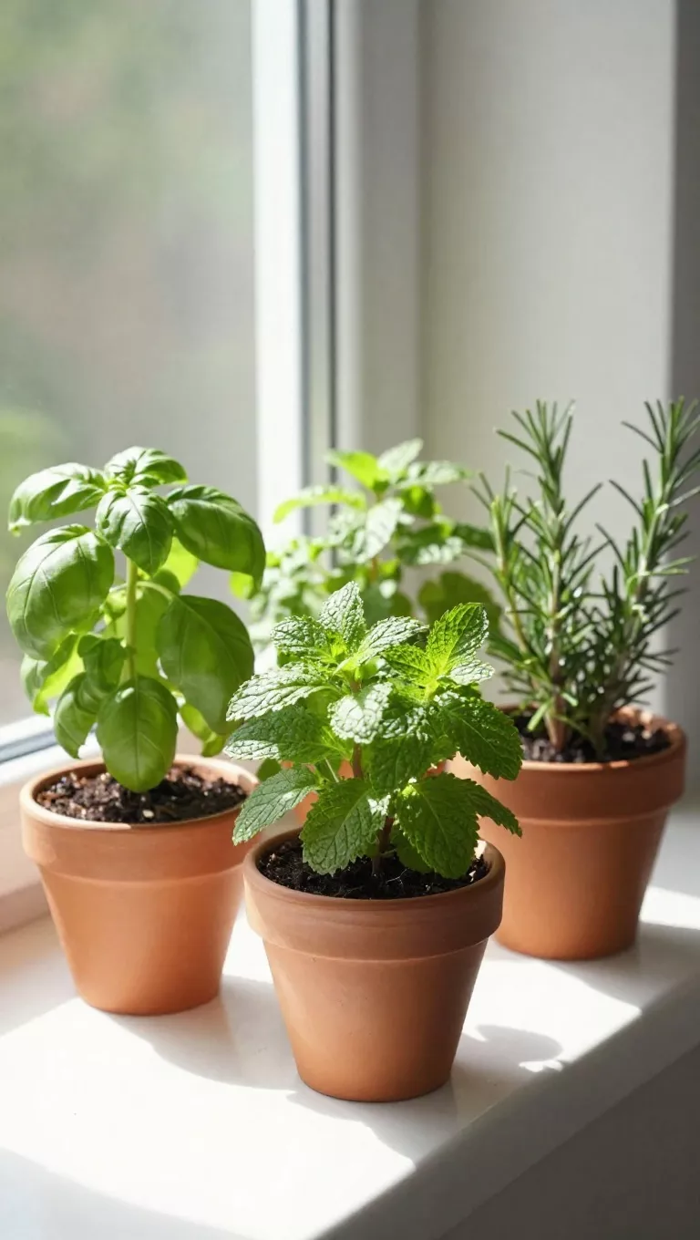 A photo of three small terracotta pots arranged on a sunny kitchen windowsill, each containing thriving fresh herbs like basil, mint, and rosemary, with sunlight highlighting their vibrant green leaves and creating a cheerful display.