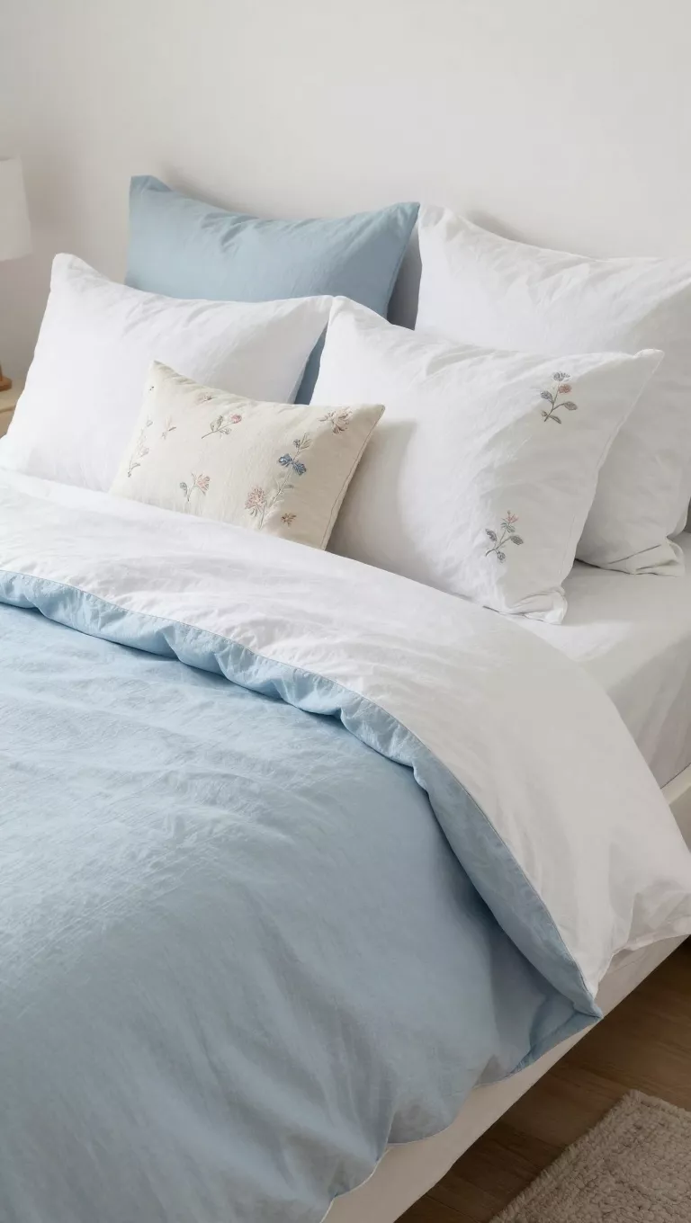 A photo of a cozy bed dressed with crisp white linen sheets, layered with a light blue duvet cover, and adorned with decorative throw pillows featuring subtle floral embroidery, creating a serene and inviting spring bedroom sanctuary.
