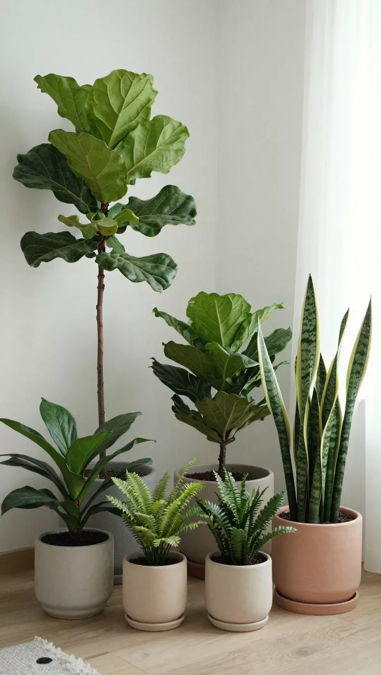 A photo of a bright corner in a living room, featuring a collection of diverse green houseplants in stylish ceramic pots of varying sizes, including a tall fiddle leaf fig and a bushy snake plant, creating an indoor jungle aesthetic.