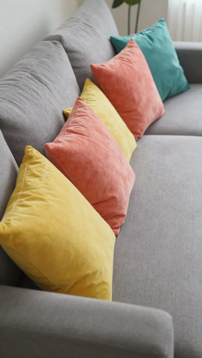 A photo of a plush gray sofa adorned with an assortment of throw pillows in various vibrant spring colors, including lemon yellow, coral, and teal, some with subtle floral embroidery, creating a lively and inviting seating arrangement.