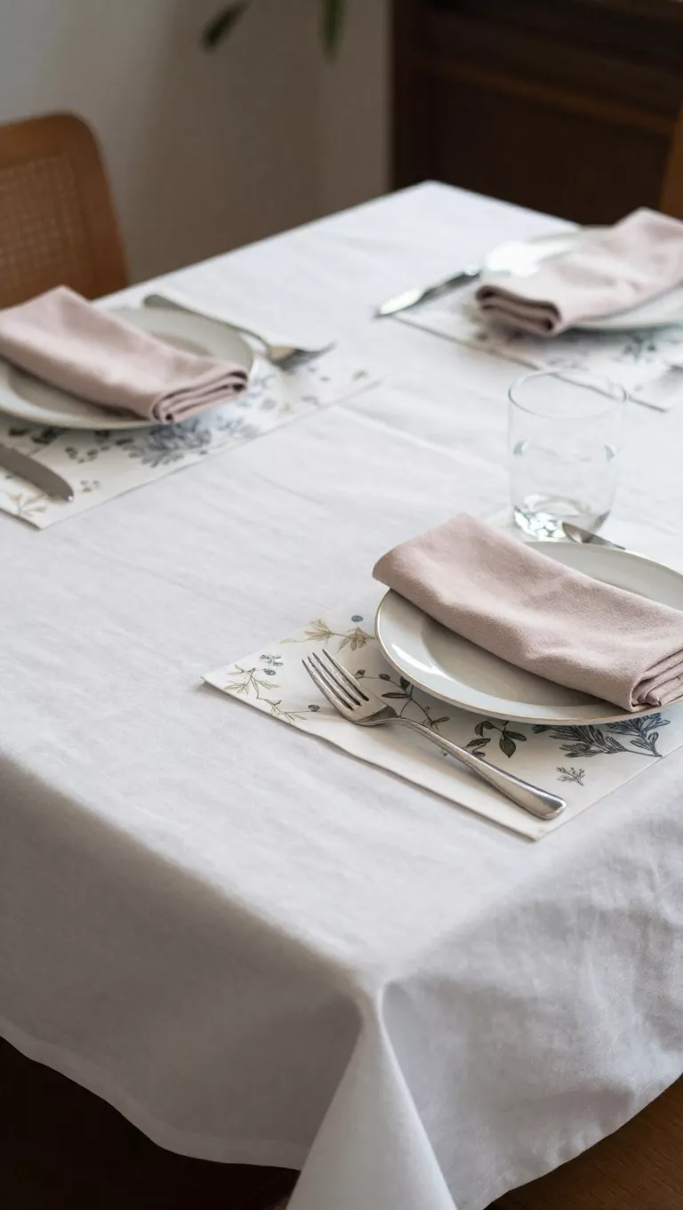A photo of a dining table elegantly set with a crisp white linen tablecloth, adorned with placemats featuring a subtle botanical print, and topped with matching pastel-colored napkins neatly folded beside each porcelain plate.