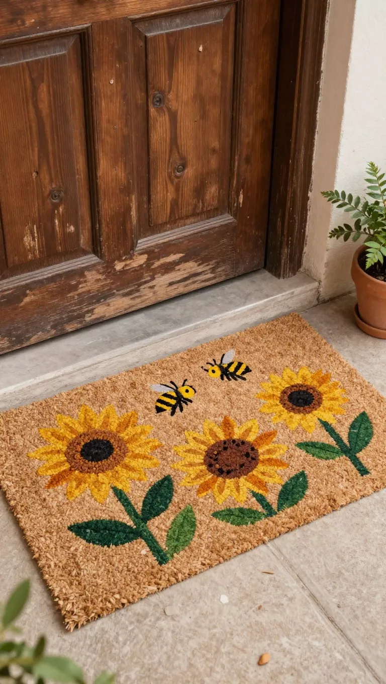A photo of a coir doormat with a playful, hand-painted design of blooming sunflowers and buzzing bees, positioned at the entrance of a weathered wooden door, with a small potted plant visible nearby, welcoming visitors warmly.