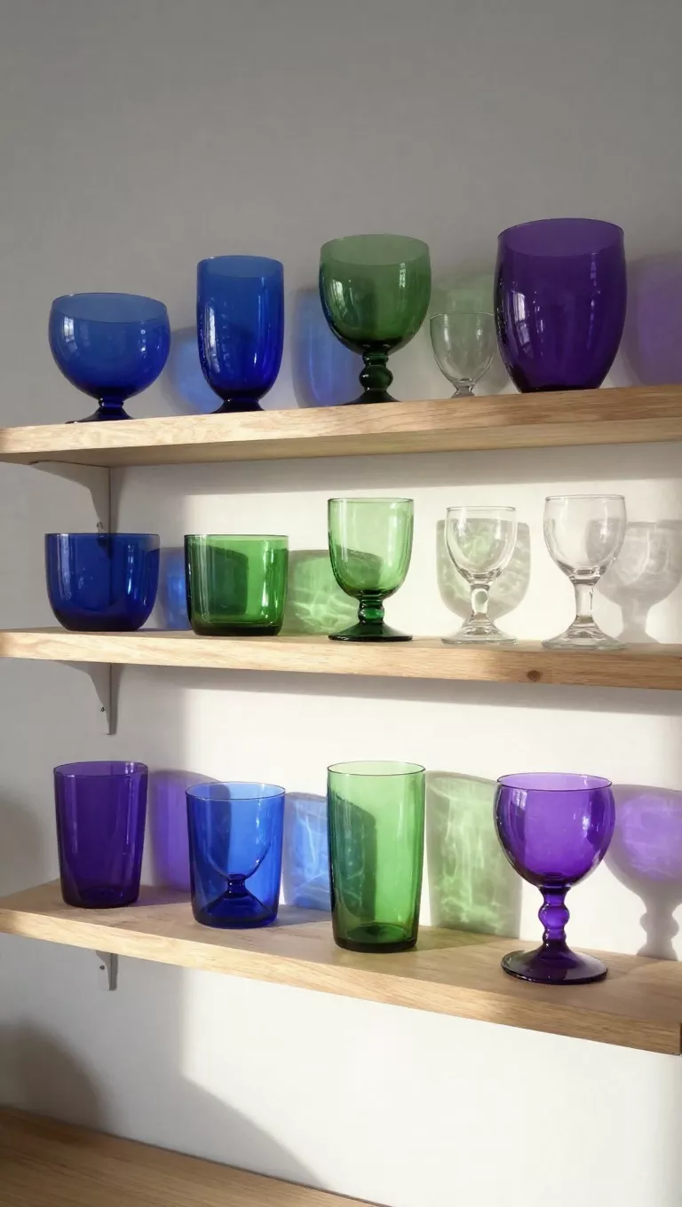 A photo of an open kitchen shelf displaying an organized collection of vintage colored glassware, including hues of cobalt blue, emerald green, and amethyst, catching the sunlight and casting colorful reflections onto the white kitchen wall.