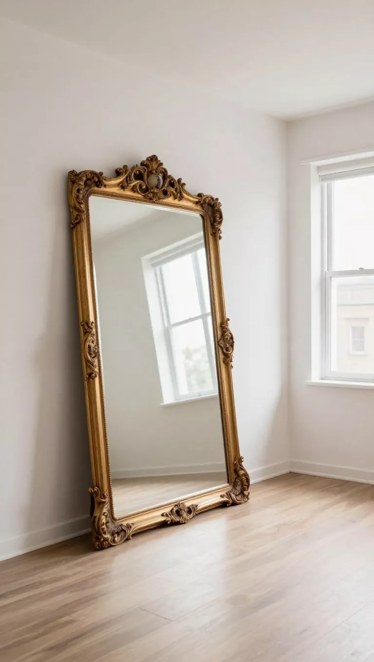 A photo of a large ornate gold-framed mirror leaning against a white wall, strategically placed opposite a window to amplify natural light and visually expand the small living room, creating an illusion of greater space and brightness.